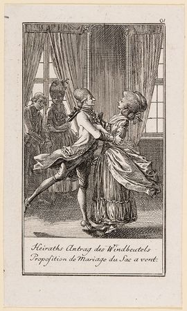 IV, 78,3455 Daniel Nikolaus Chodowiecki (1726–1801), Heiraths Antrag des Windbeutels, aus der Serie „Heiratsanträge, Erste Folge“, Radierung, 1781