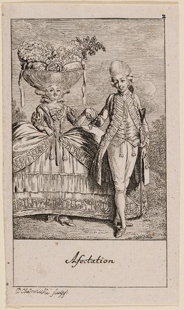 Daniel Nikolaus Chodowiecki (1726–1801), Afectation, aus der Serie „Natürliche und affektierte Handlungen des Lebens II“, Radierung, 1780, Inv.-Nr. IV,76,3329