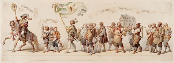 Kunstsammlungen der Veste Coburg Ferdinand Rothbart, Entwurf zum Wandgemälde Hochzeitszug Johann Casimirs, Bleistift und Wasserfarben, 1854