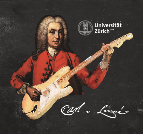 Carl v. Linné (mit Signatur) als Rocker, mit Logo der Universität Zürich